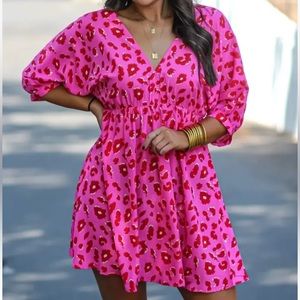 Jodifl Women's Medium Hot Pink & Red Leopard Babydoll Mini Dress vneck relax fit